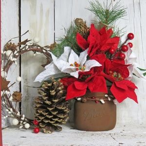 Christmas Poinsettia Red White Ball Mason Jar